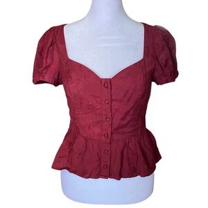 Milkmaid Floral Jacquard Peplum Red Top XS Fem Cottagecore Work Preppy Romantic